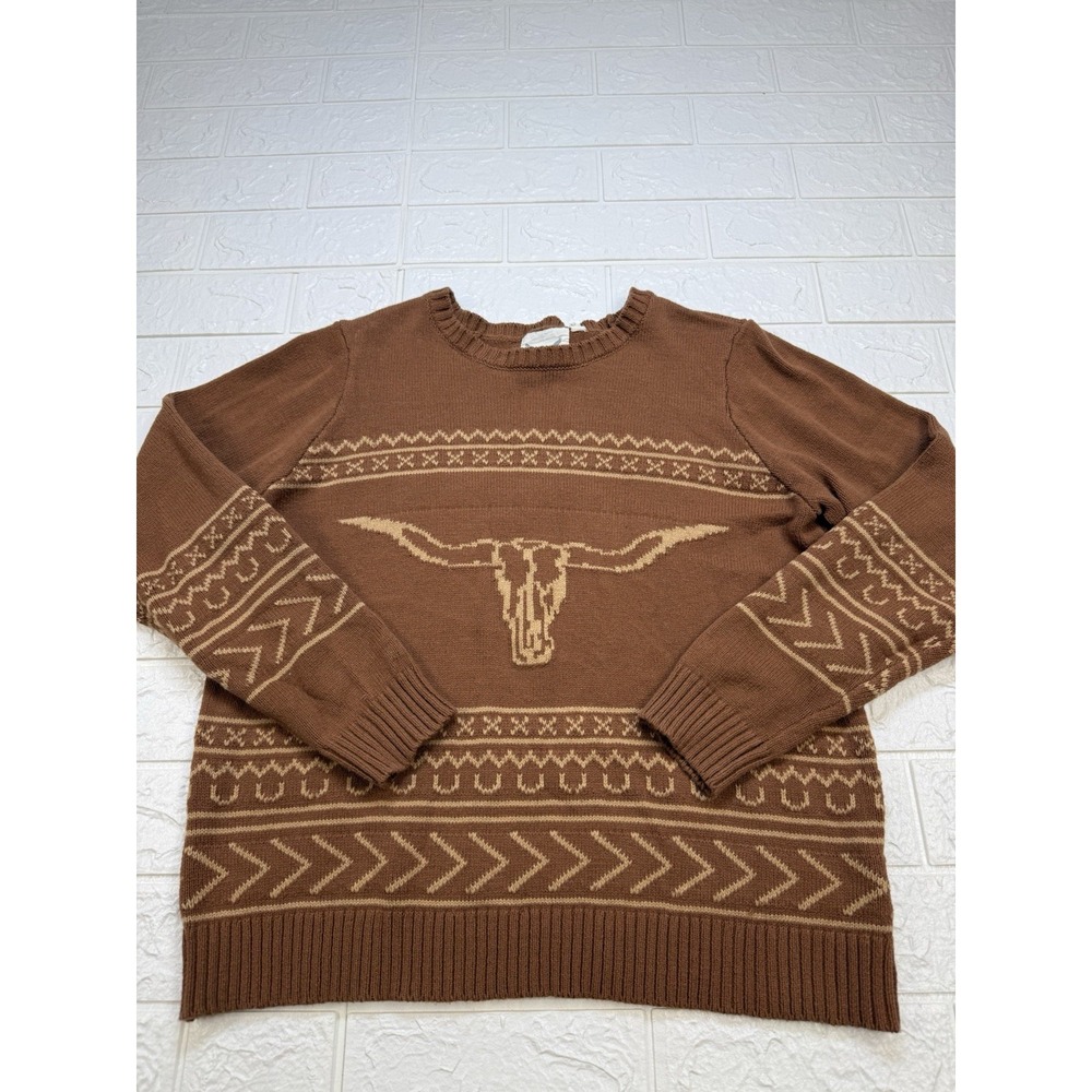 Cotton & Rye Outfitters Womens L Longhorn Skull Sweater Brown & Tan Western - Picture 7 of 9